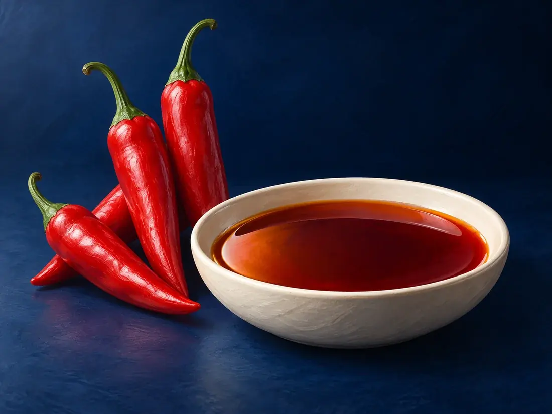 Conceptual illustration of capsicum oleoresin in an ivory dish beside its botanical ingredient on a navy background