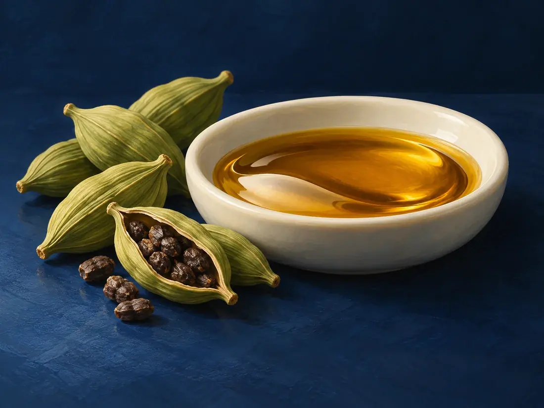 Conceptual illustration of cardamom oleoresin in an ivory dish beside its botanical ingredient on a navy background