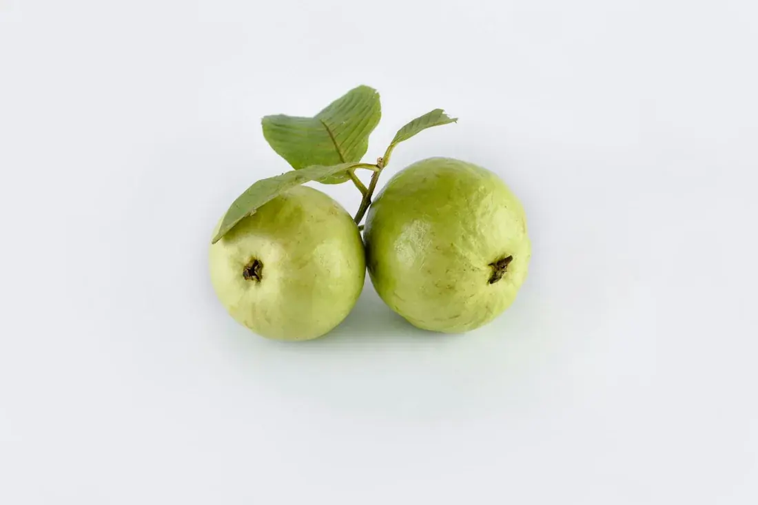 Two green guavas with leaves on a white background.