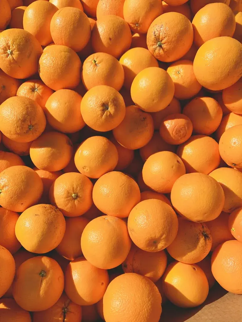 A pile of fresh oranges in sunlight.