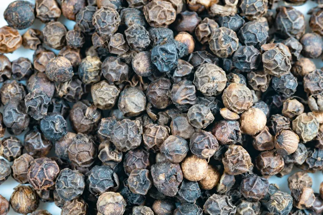 Whole dried black peppercorns in close-up